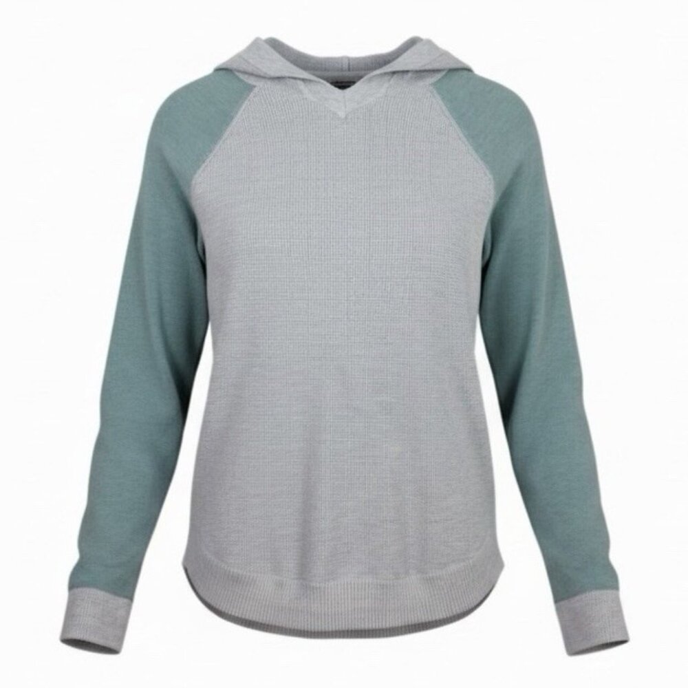 Evolution by Cyrus Waffle Knit Hoodie Sz Small Thermal Pullover Aqua Gray Raglan